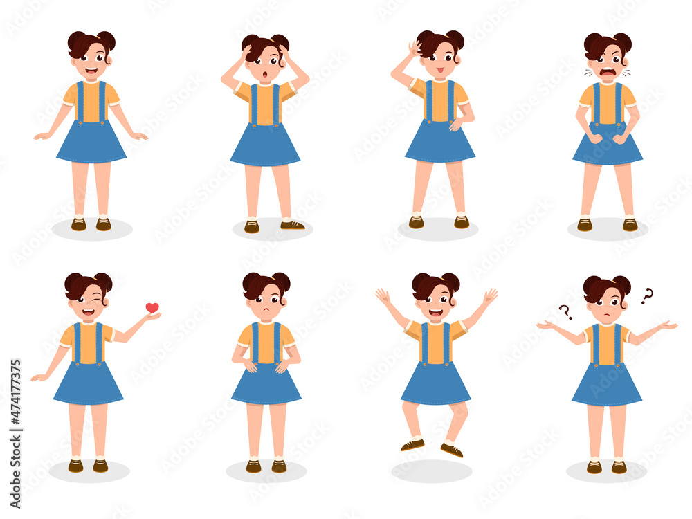 Little Girl Character Set. Kid child expression vector illustration set bundle