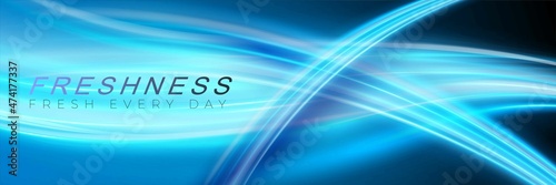Blue dynamic waves on black background showing a stream of fresh clean air. Packaging design with energy curves. Vector illustration.