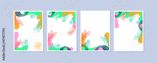 Set 4 illustration wall art. Abstract backgrounds with minimal shapes and botanical line art elements