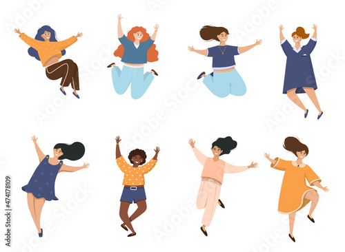 Group of happy people jumping on a white background. Concept of freedom, development and aspirations. Men and women moving forward.