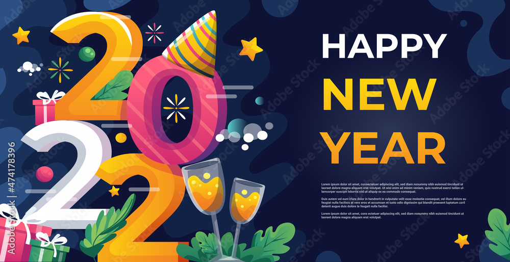 Happy New 2022 Year. big numbers 2022 with new year hat, party cocktail drink glass, star, gift boxes and glitter. vector banner template isolated on dark blue background
