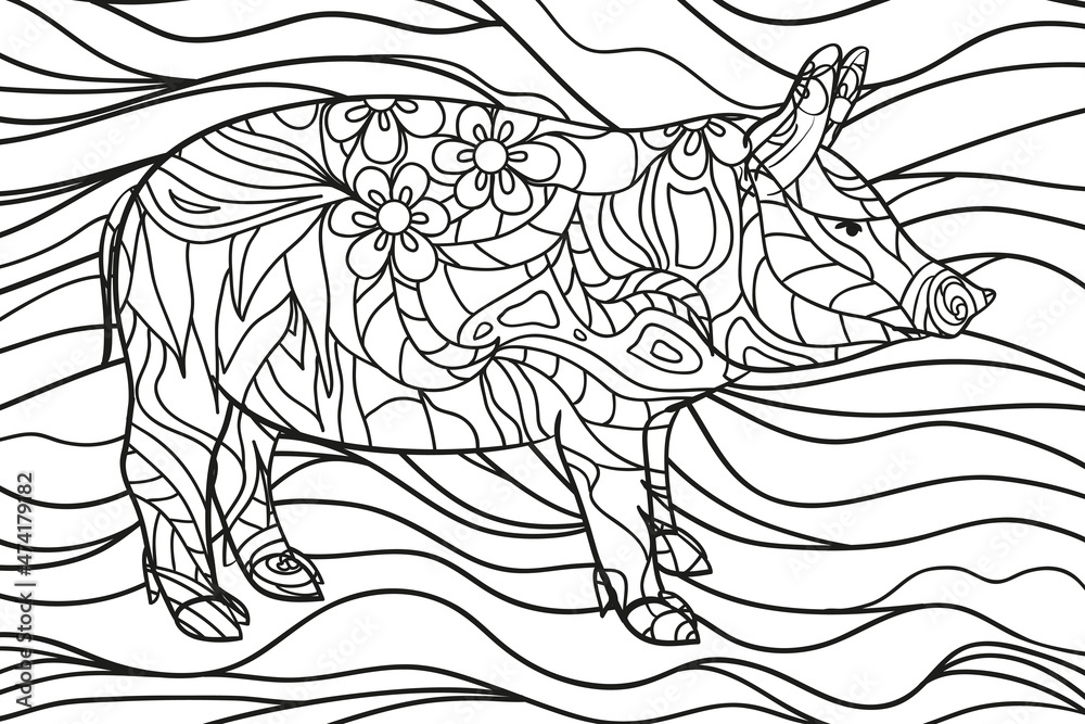 Wavy wallpaper with pig. Zentangle. Hand drawn ornaments on white. Abstract patterns on isolated background. Design for spiritual relaxation for adults. Line art creation. Black and white illustration Wavy wallpaper with pig. Zentangle. Hand drawn ornaments on white. Abstract patterns on isolated background. Design for spiritual relaxation for adults. Line art creation. Black and white illustration