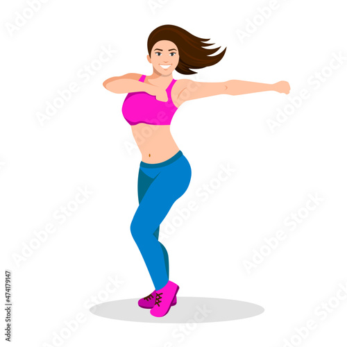 Woman dancing Zumba in Yoga pants flat vector illustration Aerobic fitness dance girl minimal Design