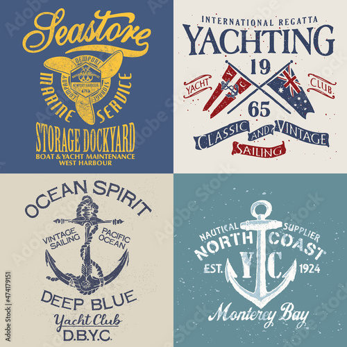 Vintage yacht club graphics vector collection of grunge nautical prints for t shirt photo