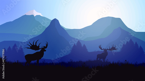 Vector painting Irish elk on the background of a mountain landscape and forest, giant dear or Irish deer