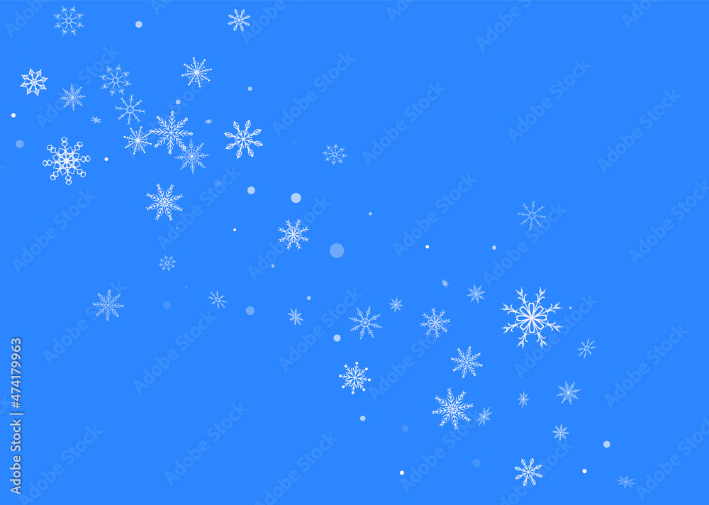 White delicate openwork snowflakes are scattered on a blue background. Festive background, postcard design, wallpaper