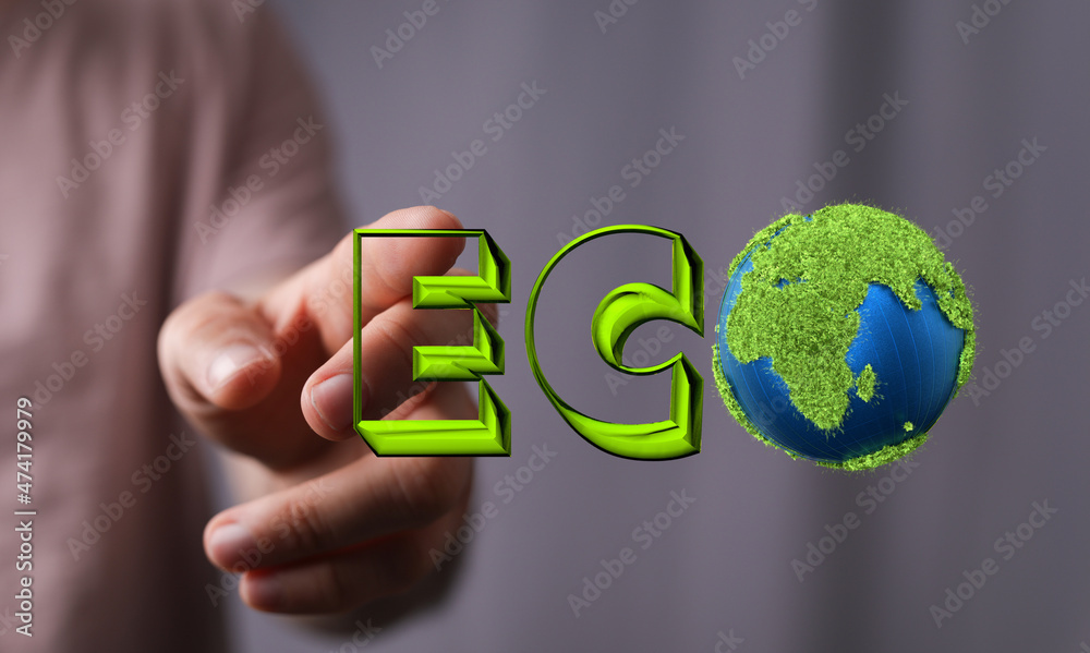 Eco word on the background of green leaves of carrots. plantation Eco word on the background of green leaves of carrots. plantation