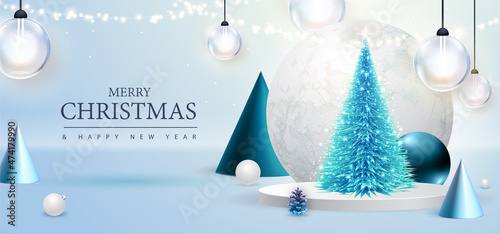 Merry Christmas and happy New Year poster with christmas holiday decorations. Christmas holiday background. Vector illustration