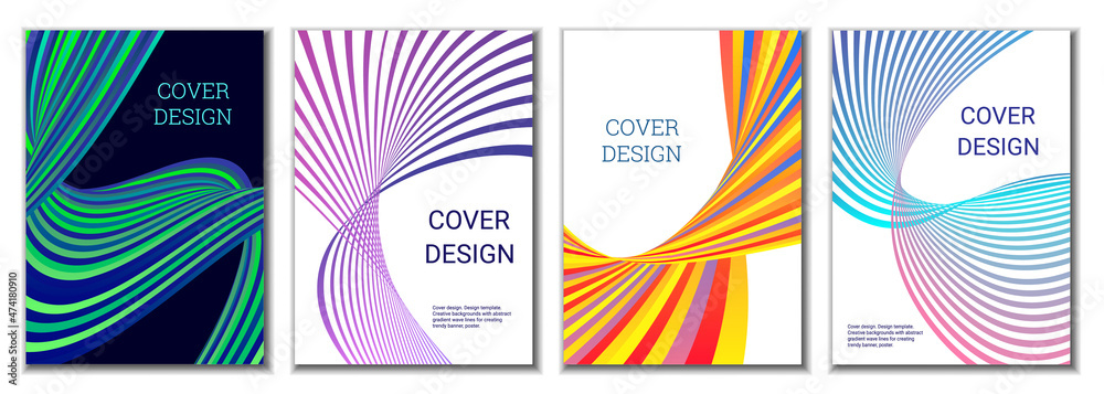 A set of 4 abstract covers. Wavy parallel gradient lines, ribbons evolve. Cover design, background. Trendy banner, poster. A set of 4 abstract covers. Wavy parallel gradient lines, ribbons evolve. Cover design, background. Trendy banner, poster.