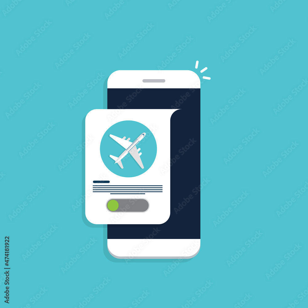 Airplane mode - flight mode. Airplane mode switched on. Air plane smartphone notice. Flat style vector illustration Airplane mode - flight mode. Airplane mode switched on. Air plane smartphone notice. Flat style vector illustration