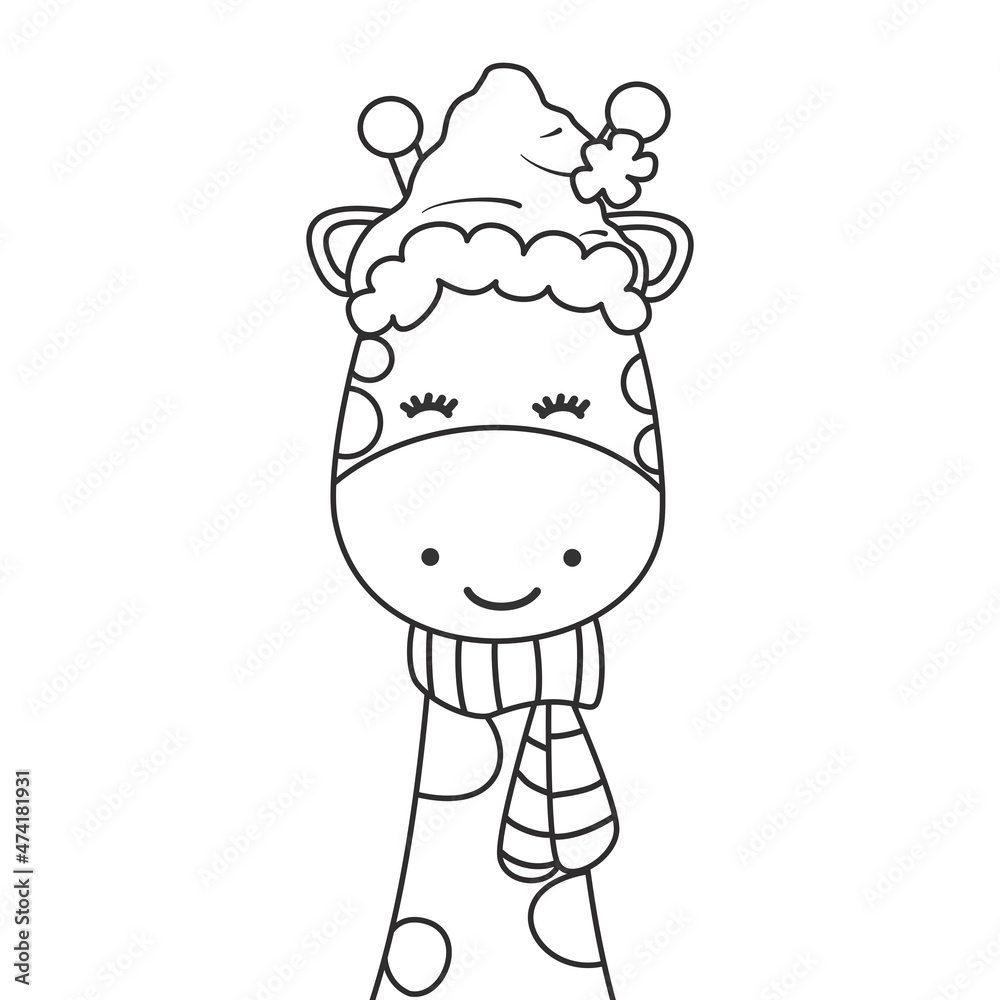 cute cartoon character black and white giraffe with santa claus hat and scarf funny vector illustration for christmas holiday coloring art cute cartoon character black and white giraffe with santa claus hat and scarf funny vector illustration for christmas holiday coloring art