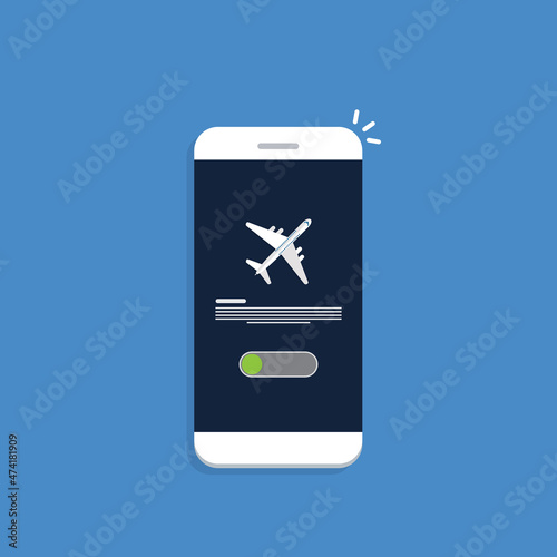 Airplane mode - flight mode. Airplane mode switched on. Air plane smartphone notice. Flat style vector illustration	