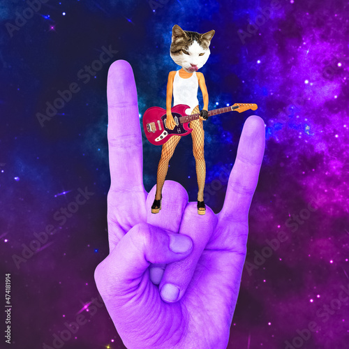 Rock Star Kitty in stylish cosmic space. Contemporary art collage. Party, music, clubbing concept photo