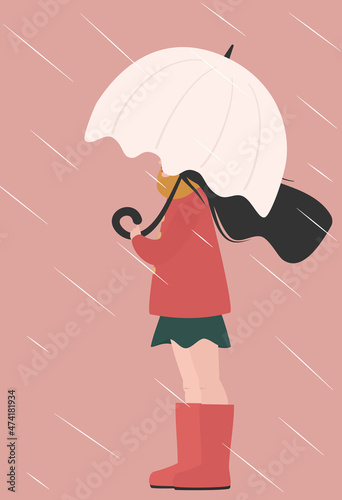 cute lovely cartoon character beauty girl with umbrella in a rainy day vector illustration