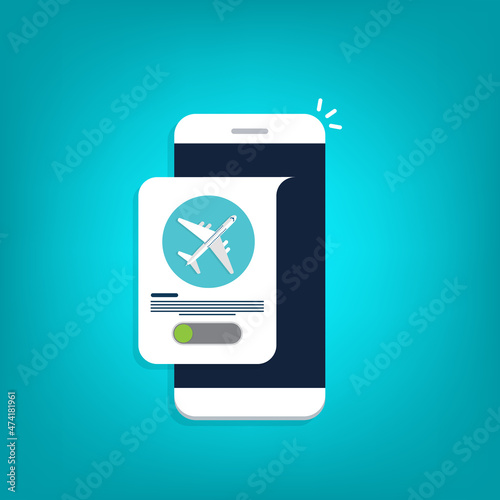 Airplane mode - flight mode. Airplane mode switched on. Air plane smartphone notice. Flat style vector illustration 