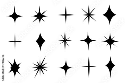 Sparkle star set icon in simple style  vector illustration. Effect shiny and twinkle for design. Silhouette collection star isolated symbol for decor. Black simple shape star on white background