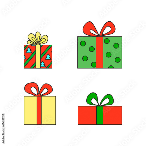 illustration. Set of holiday boxes. Red, yellow, green colors. Gift boxes. Presents. Festive gifts. Multicolored boxes with bows.