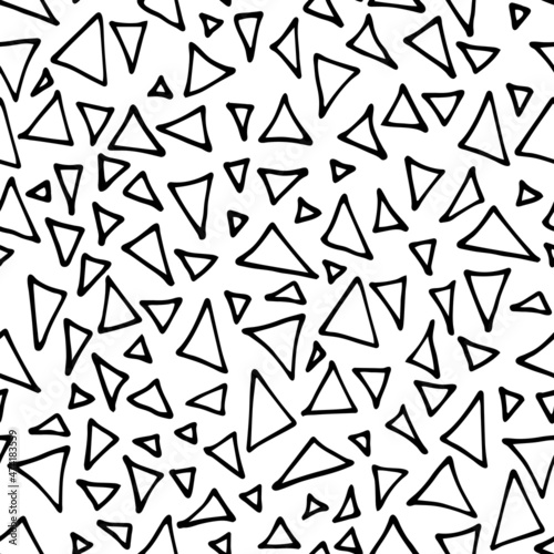 Abstract seamless pattern with hand drawn contour of triangles. Endless texture with black triangular element on white background for decor, wrapping, cover, wallpaper, backdrop. Vector illustration.