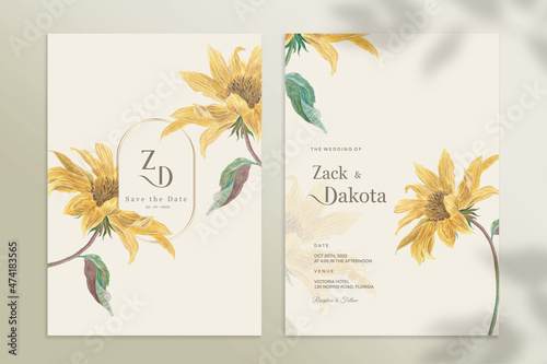 Vintage Wedding Invitation Template with Sun Flower