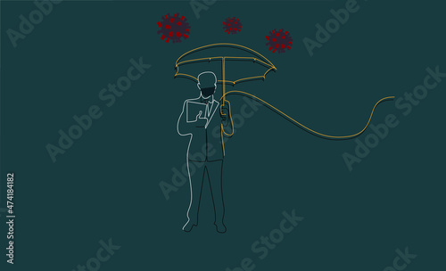 In business life business people take measures to protect themselves during the coronavirus pandemic. protect yourself from the virus at work. Masked man holding an umbrella.