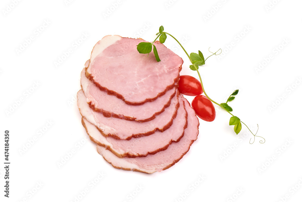 Cold smoked pork loin slices, isolated on white background.