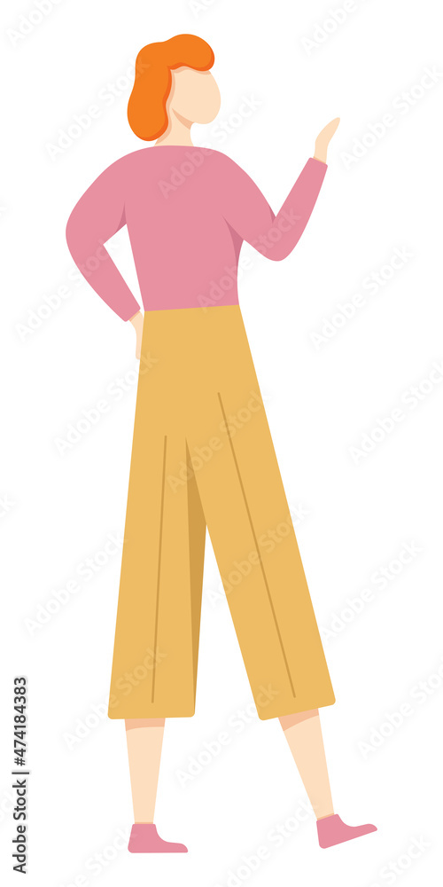 Obraz premium a woman with raised arms, painted in a flat style, with wavy hair and in bright clothes, a pink sweater and yellow cropped pants. Vector illustration