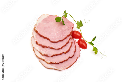 Cold smoked pork loin slices, isolated on white background.