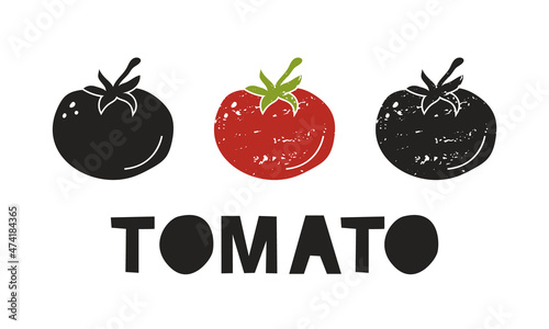 Tomato, silhouette icons set with lettering. Imitation of stamp, print with scuffs. Simple black shape and color vector illustration. Hand drawn isolated elements on white background