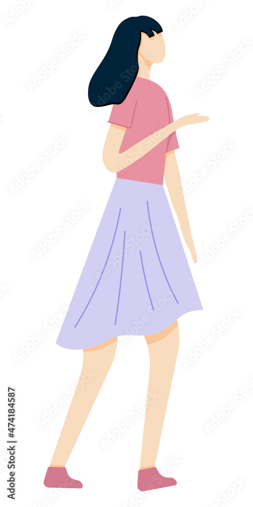 a woman with her hand raised, painted in a flat style, with wavy long hair and in bright clothes, pink T-shirt and lilac skirt. Vector illustration