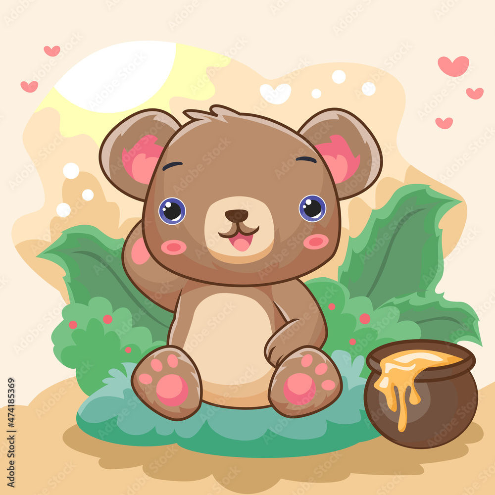 Cartoon grizzly bear eating honey in the garden isolated on beautiful scenic background Cartoon grizzly bear eating honey in the garden isolated on beautiful scenic background