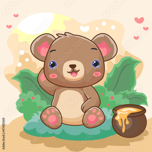 Cartoon grizzly bear eating honey in the garden isolated on beautiful scenic background