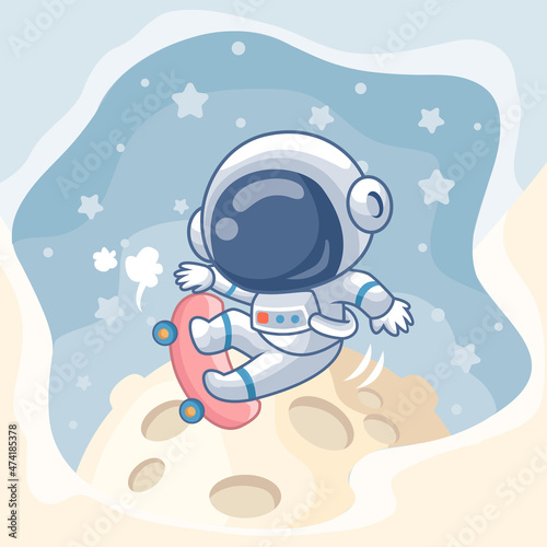 Cartoon cute astronaut skateboarding on the moon isolated beautiful space scenery background