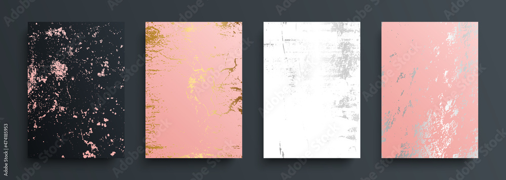 Grunge textures set. Pink, white, black, silver and gold backgrounds with grungy effect for your graphic design. Luxury covers collection. Vector illustration.	