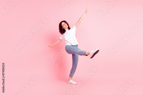 Full size profile side photo of young adorable woman have fun fooling isolated over pink color background