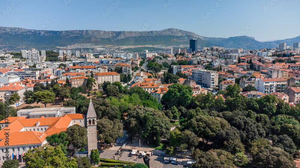 Drone shot Croatian city of Split in the resort region of Dalmatia. Drone shot Croatian city of Split in the resort region of Dalmatia. Hill with paths and city views Main attraction. Split city