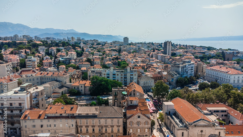 Drone shot Croatian city of Split in the resort region of Dalmatia. Hill with paths and city views Main attraction. Split city on the background of the mountains of Croatia.
