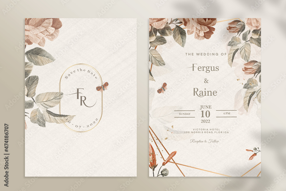 Floral Wedding Invitation Template with Brown Flower