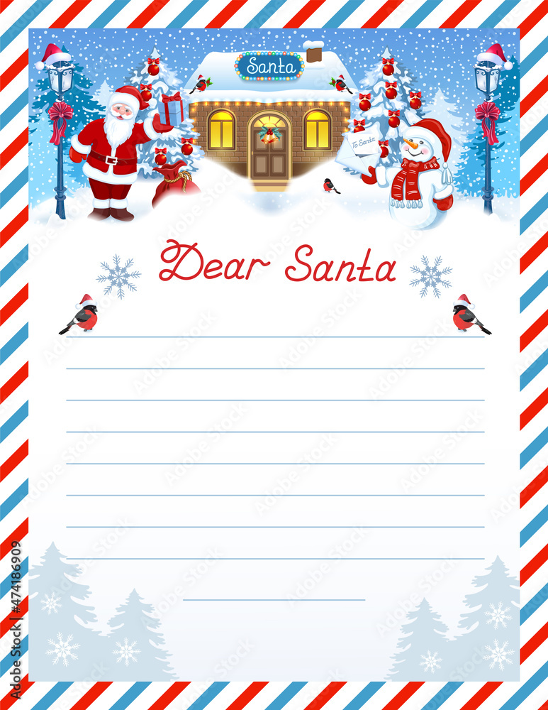 Santa letter template with wish list and cartoon funny Santa Claus and  Snowman with envelope against winter forest background and Santa workshop.  Stock Vector | Adobe Stock