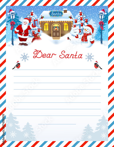 Santa letter template with wish list and cartoon funny Santa Claus and Snowman with envelope against winter forest background and Santa workshop.