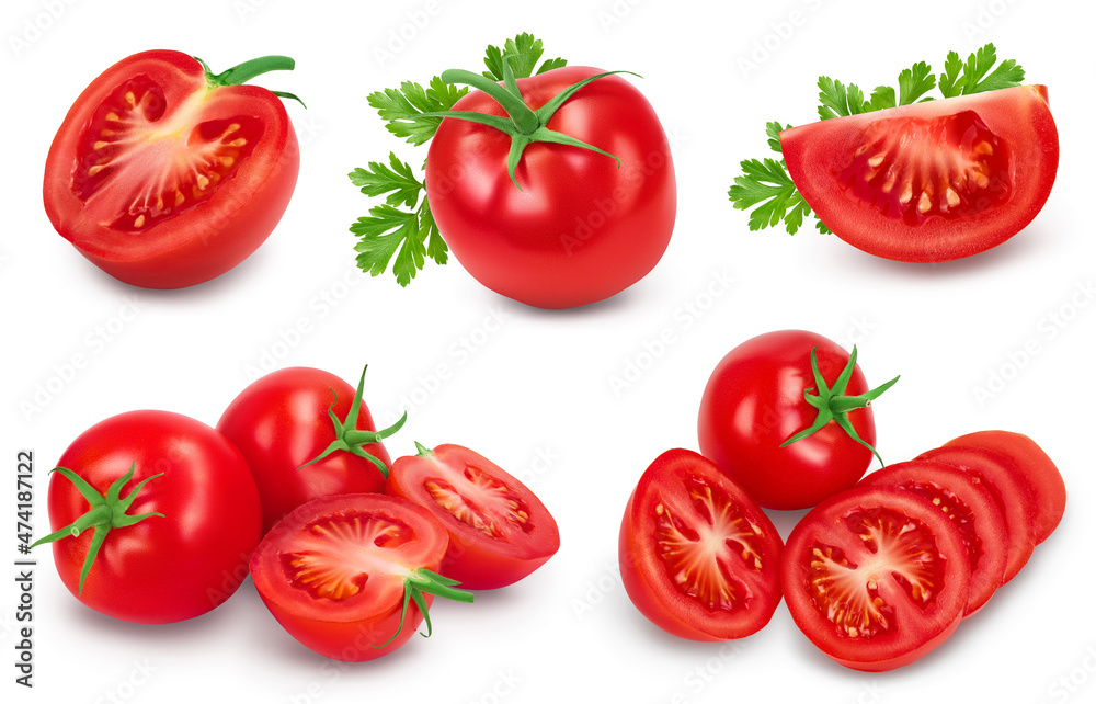Tomato with half isolated on white background with clipping path and full depth of field. Set or collection Tomato with half isolated on white background with clipping path and full depth of field. Set or collection