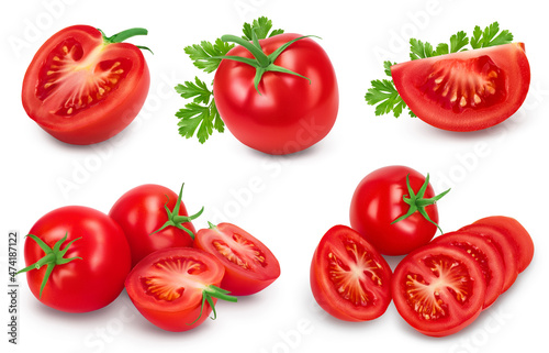 Tomato with half isolated on white background with clipping path and full depth of field. Set or collection