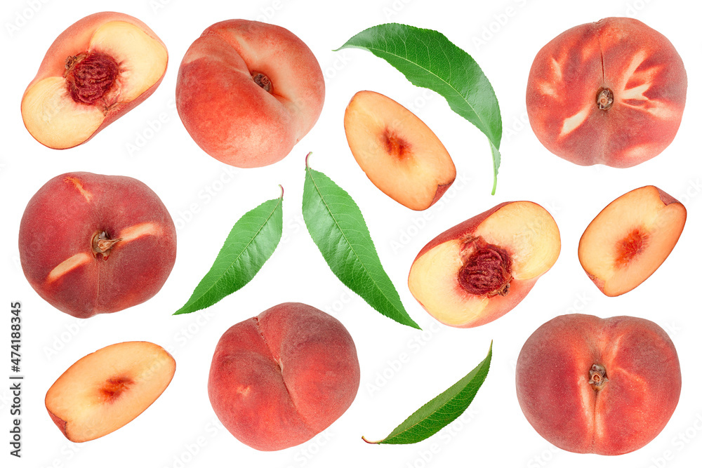 Ripe chinese flat peach fruit and half with leaf isolated on white background. Top view. Flat lay Ripe chinese flat peach fruit and half with leaf isolated on white background. Top view. Flat lay