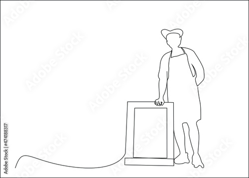 cafe restaurant owner stands next to the signage. in business world with chef hat and apron standing by his sign