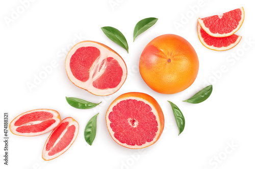 Fototapeta Naklejka Na Ścianę i Meble -  Grapefruit and slices with leaves isolated on white background. Top view. Flat lay. With clipping path and full depth of field