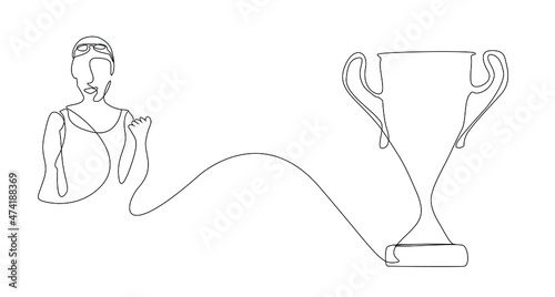 The successful swimmer takes the first place and wins the trophy. best swimmer drawing concept