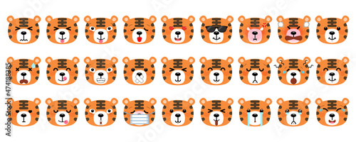 Set of cute cartoon tiger emoji set isolated on white background. Vector Illustration.