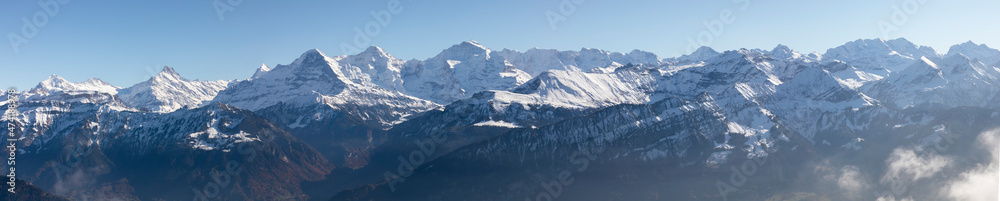view from mountain Niederhorn to mountain peaks Eiger, Moench and Jungfrau in the bernese alps, Switzerland