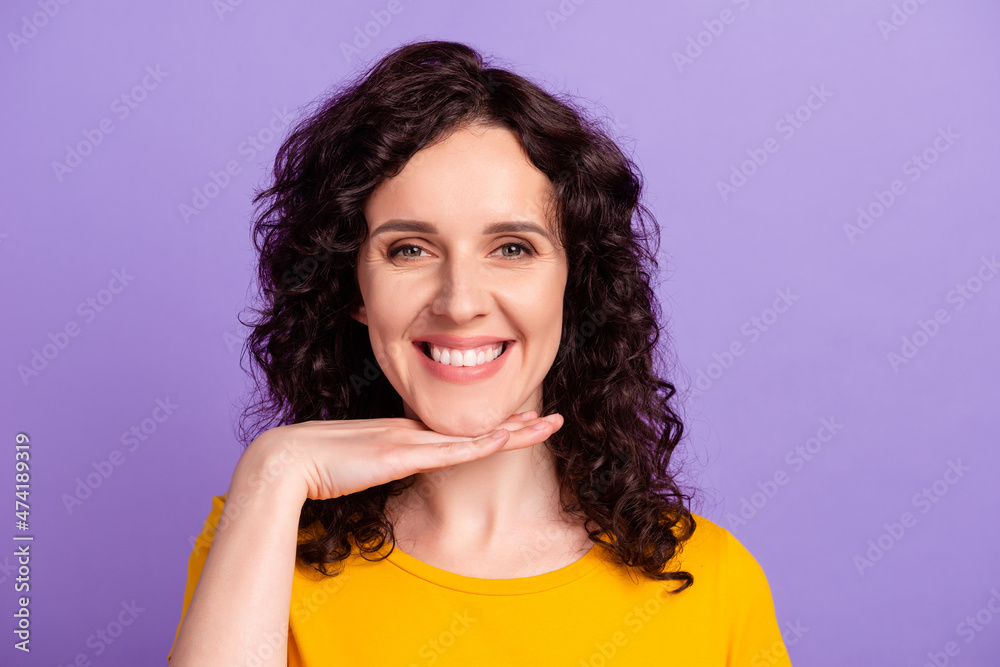 Fototapeta premium Photo of young charming girl arm touch chin cosmetology procedure isolated over violet color background