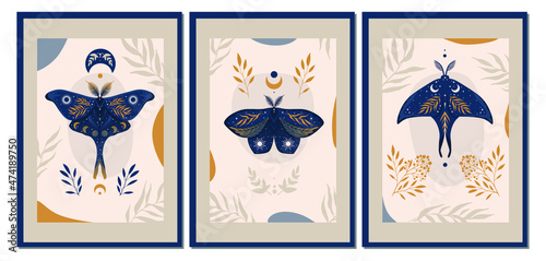 Collection of contemporary art posters in retro colors. Abstract geometric elements and strokes, leaves and butterflies. Great design for social media, postcards, print.