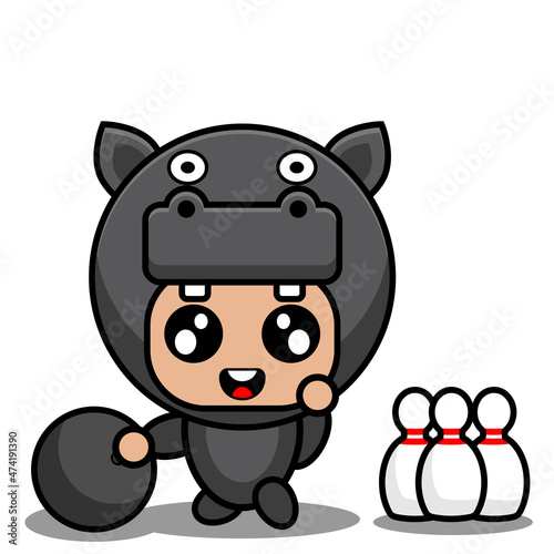 cute hippopotamus amphibian mascot costume character cartoon character playing bowling